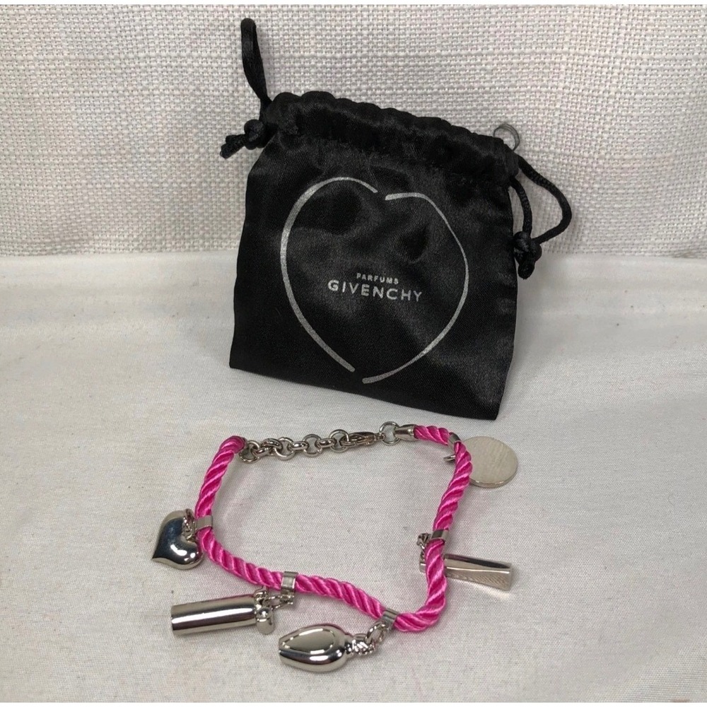 Parfums Givenchy Pink Cord Charm Bracelet Silver Tone Heart Perfume Bottle Logo